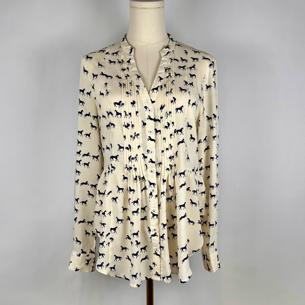 Anthropie Maeve Horse Print Button-Front Blouse, Pintuck, V-neck BLACK And Ivory